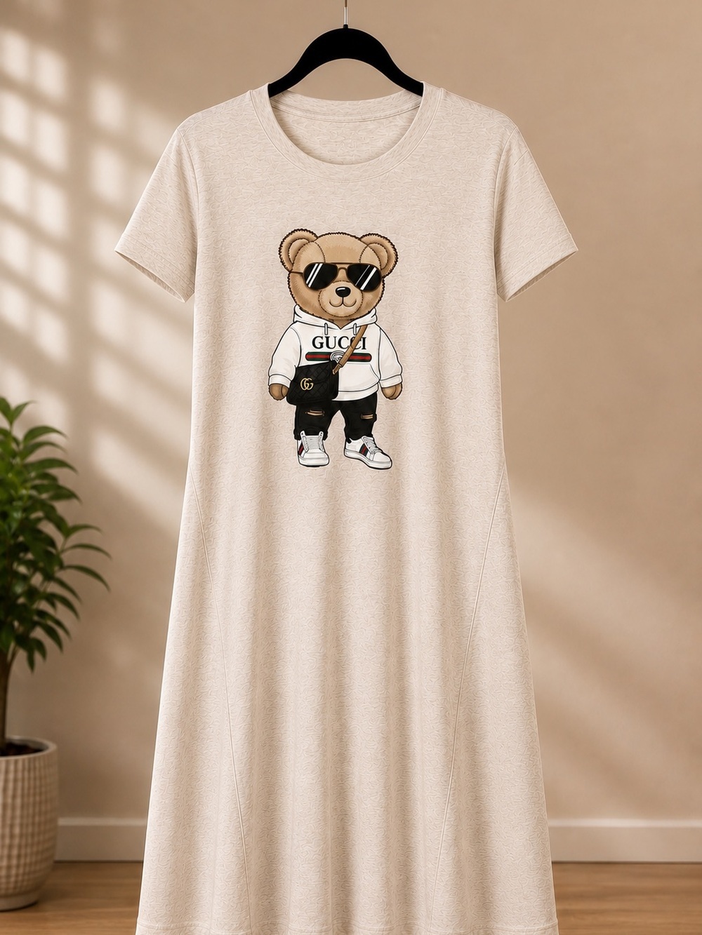 Beige Bear Graphic Maxi Dress with Logo Accent
